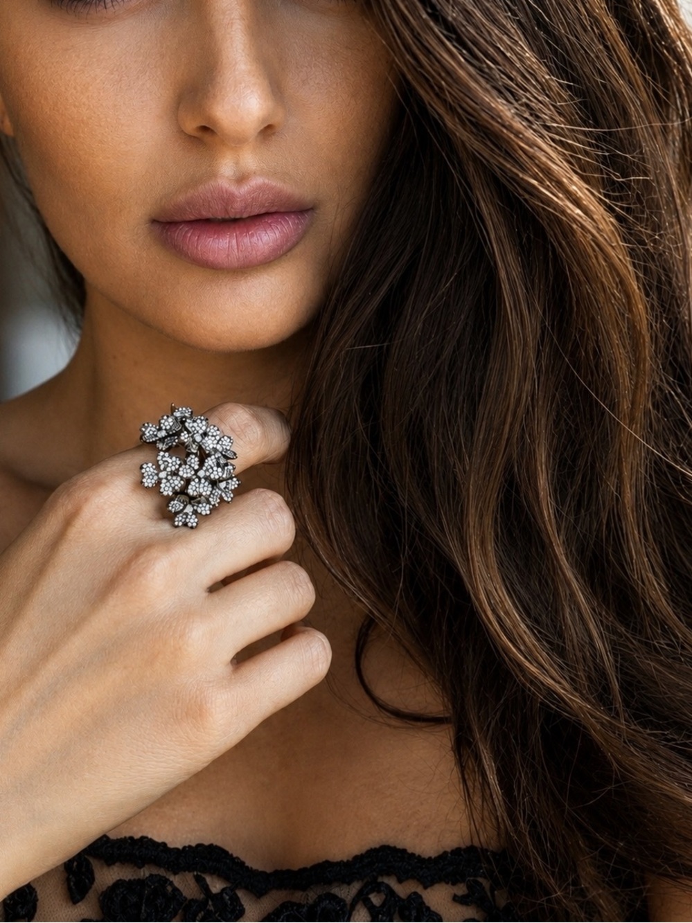 Sparkling Floral Cluster Silver Ring - White Crystal